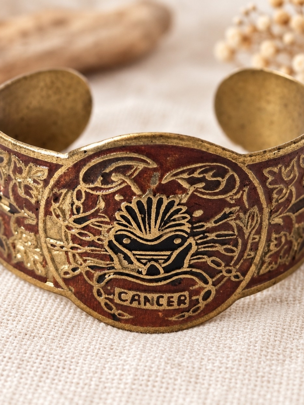 Cancer Zodiac Cuff Bracelet Gold Tone Boho Astrology Statement Jewelry